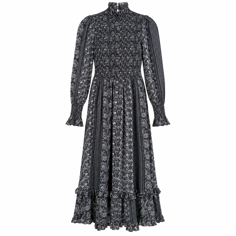 Hunter Bell New York Smocked Patchwork Mock Neck Ruffle Maxi Dress Black White 0